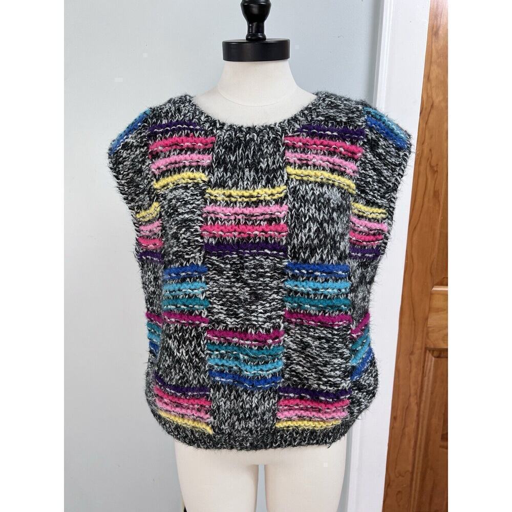 Vintage Chunky Knit Colorful Sweater Vest Y2K Patchwork Cozy Retro LG - Picture 2 of 7